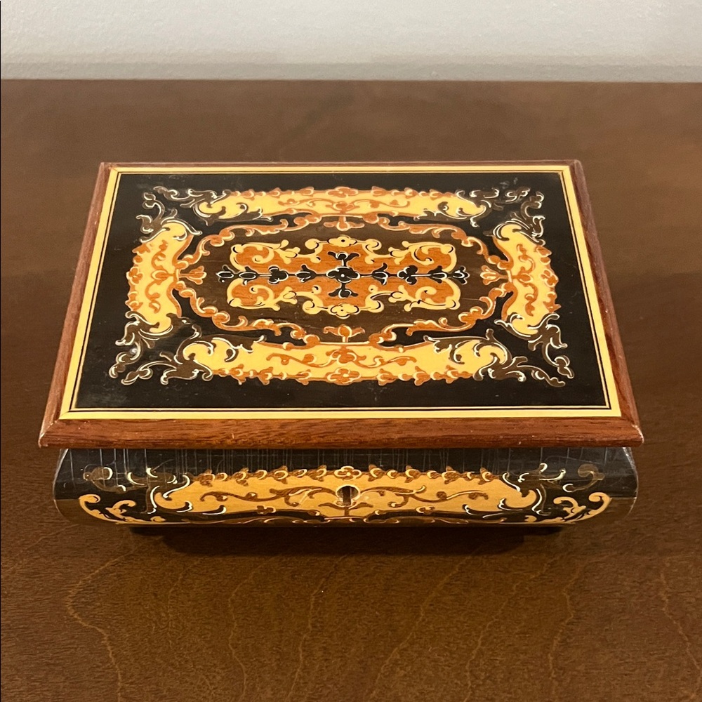 Vintage Reuge Decorative Wooden Jewelry Box - black and gold